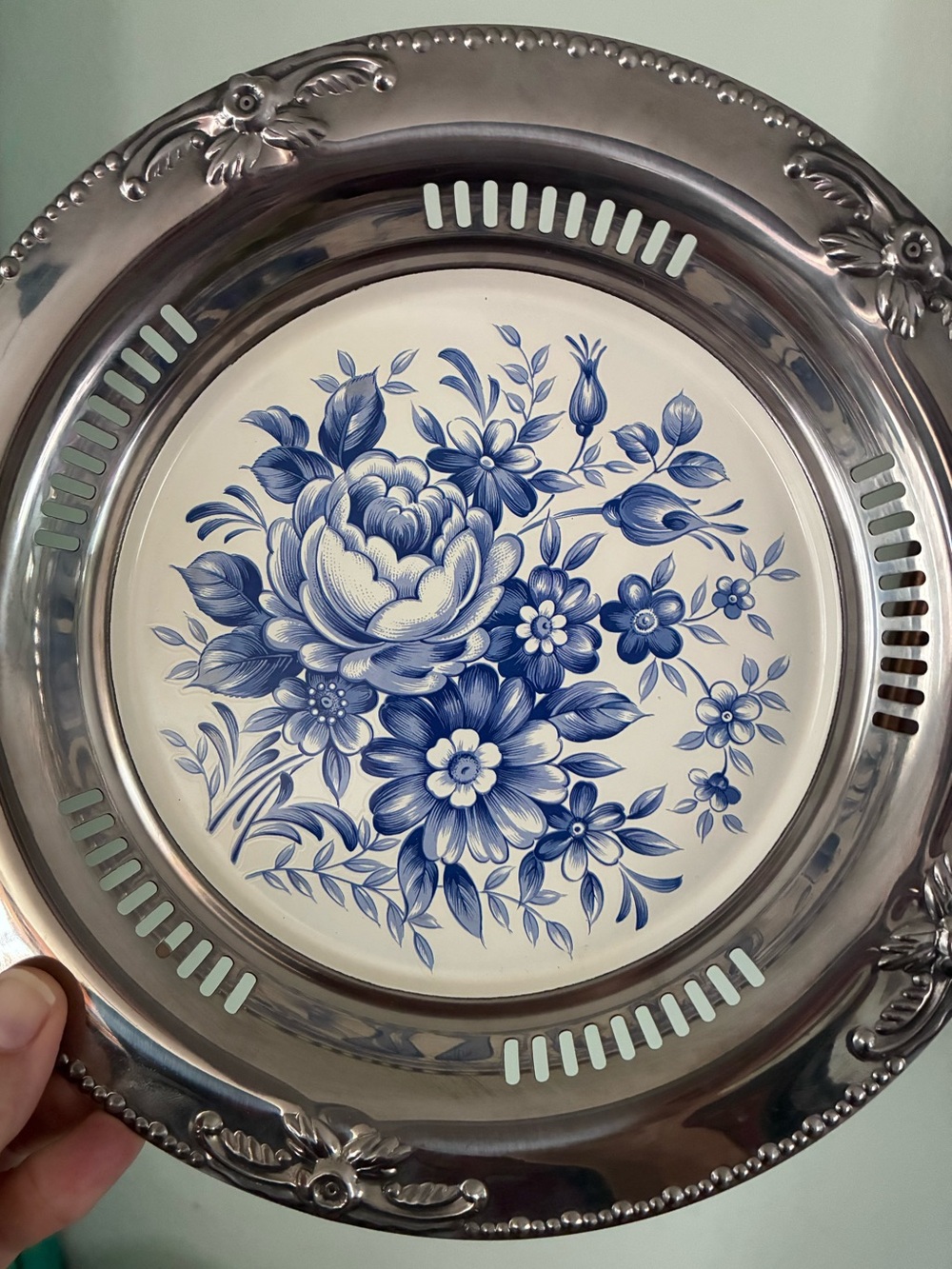 Vintage Japanese Stainless Steel Tray with White and Blue  Floral Design